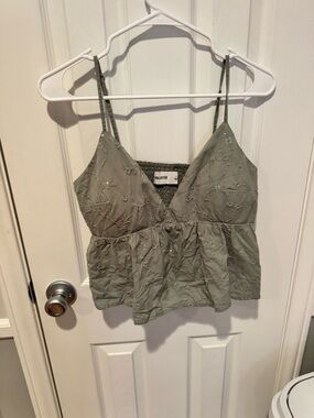 Hollister Olive Green Smocked Embroidered Tank Top